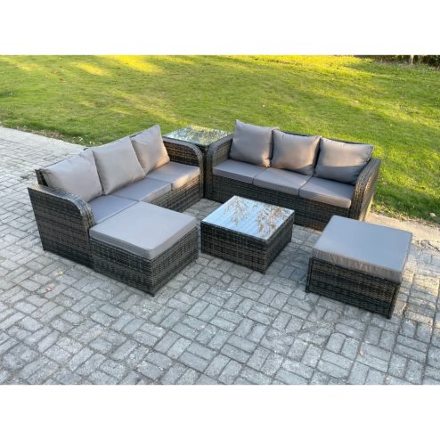 Fimous 8 Seater Outdoor Rattan Garden Furniture Set Conservatory Patio Sofa Coffee Table With 2 Big Footstool Side Table Dark Grey Mixed