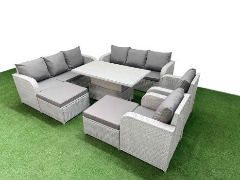 Fimous PE Rattan High Back Lounge Sofa Set Patio Adjustable Lifting Dining or Coffee Table & Chairs Set with 3 Seater Sofa Reclining Chair 2 Big Footstool Light Grey