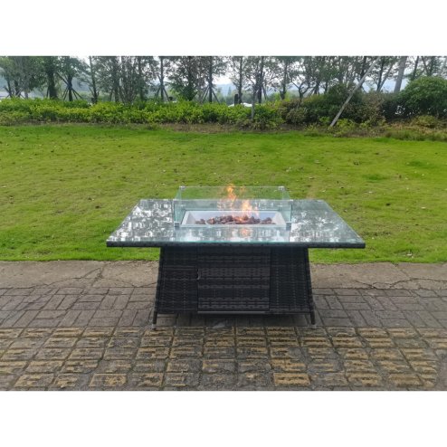 Fimous Outdoor Rattan Garden Corner Furniture Gas Fire Pit Dining Table Gas Heater Sets Lounge Chair Dark Grey 7 Seater