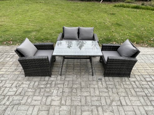 Fimous Outdoor Garden Furniture High Back Rattan Sofa Dining Table Set Dark Grey Mixed