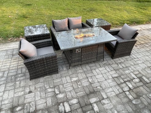Fimous Outdoor Rattan Sofa Set Garden Furniture Gas Firepit Dining Table Heater with 2 Side Tables Dark Grey Mixed