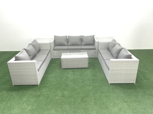 Fimous Rattan Garden Outdoor Furniture Set 9 Seater Garden Sofa Coffee Table Set with 2 Side Tables Light Grey Mixed