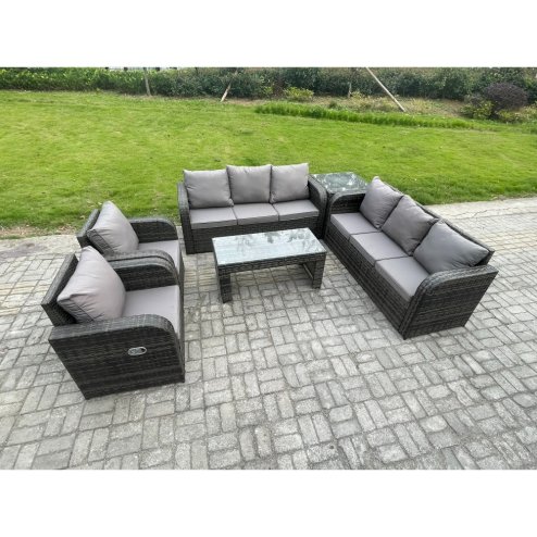 Fimous Wicker PE Rattan Sofa Set Outdoor Patio Garden Furniture with Reclining Chair Coffee Table Side Table Dark Grey Mixed