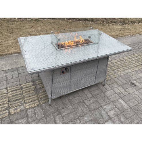 Fimous Light Grey Rattan Garden Furniture Set Gas Fire Pit Dining Set Heater Burner Lounge Sofa Chairs Outdoor