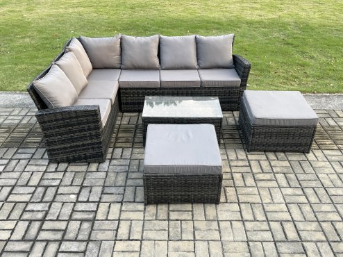Fimous 8 Seater High Back Outdoor Garden Furniture Set Rattan Corner Sofa Set With Rectangular Coffee Table 2 Big Footstool Dark Grey Mixed