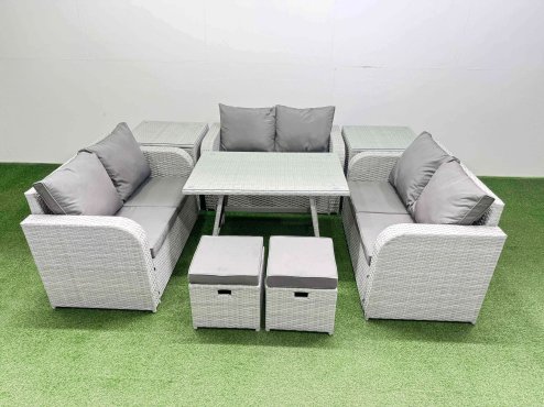 Fimous Rattan Garden Furniture Dining Set 8-seater Patio Rectangular Table Love Sofa Set with 2 Side Tables 2 Small Stools