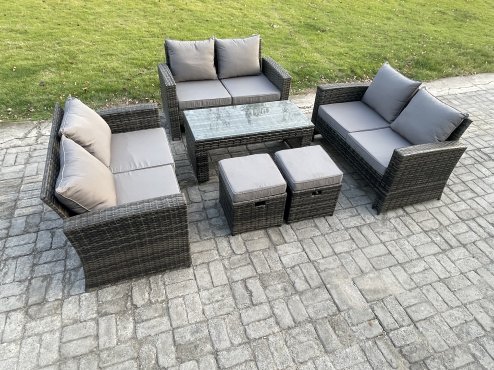Fimous Outdoor U Shape Sofa Set Wicker PE Rattan Garden Furniture Set with Coffee Table Double Seat Sofa 2 Small Footstools Dark Grey Mixed