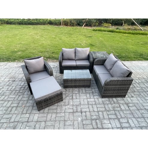 Fimous High Back Rattan Garden Furniture Set with Loveseat Sofa Rectangular Coffee Table Big Footstool Side Table Indoor Outdoor Patio Lounge Sofa Set Dark Grey Mixed