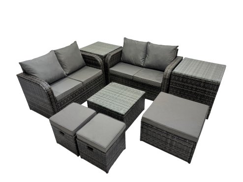 Fimous Rattan Garden Outdoor Furniture Set Love Sofa Square Coffee Table Set with 2 Side Tables 3 Stools Dark Grey Mixed