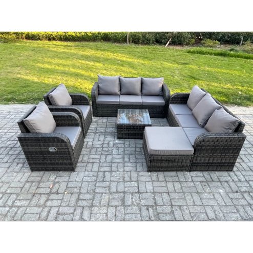 Fimous High Back Rattan Garden Furniture Set with Square Coffee Table Big Footstool Indoor Outdoor Patio Lounge Sofa Set Dark Grey Mixed