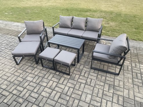 Fimous Aluminium 7 Pieces Garden Furniture Sofa Set with Cushions 8 Seater Outdoor Patio Set with 2 Armchair 3 Footstools Dark Grey