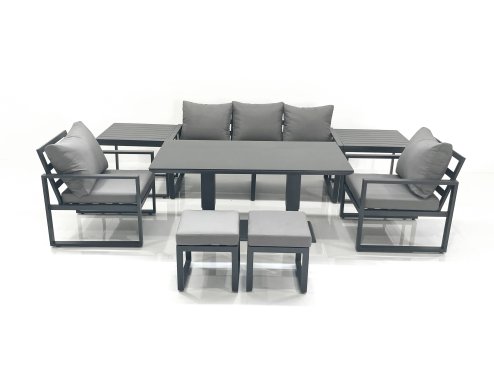 Fimous Outdoor Aluminium Garden Furniture Set with Adjustable Rising Lifting Dining Table 3 Seater Sofa 2 Chair 2 Small Footstools 2 Side Tables Dark Grey