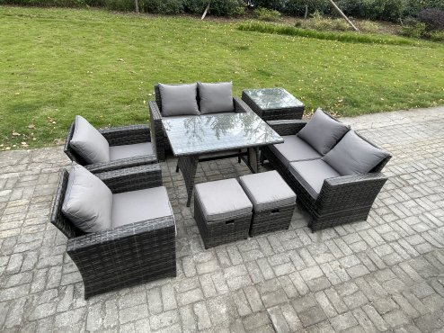 Fimous Rattan Garden Furniture Set 8 Seater Patio Outdoor Lounge Sofa Set with Rectangular Dining Table Love Seat Sofa Side Table 2 Small Footstools Dark Grey Mixed
