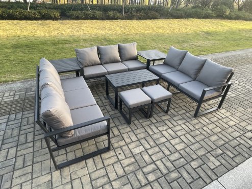 Fimous Aluminium 11 Seater Outdoor Garden Furniture Set Lounge Sofa Oblong Coffee Table 2 PC Small Footstools 2 PC Side Table Sets with Cushions Dark Grey