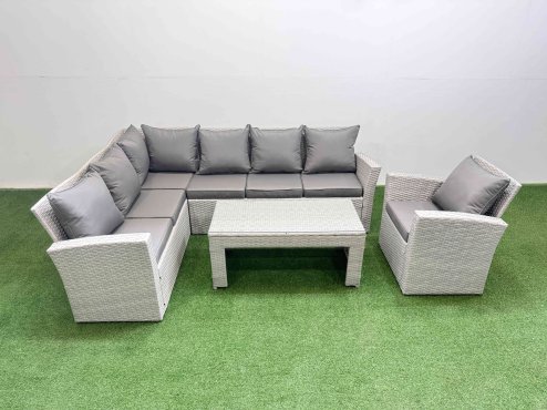 Fimous Rattan Garden Furniture Set Outdoor 7 Seater Corner Sofa Sets with Oblong Coffee Table Chair Light Grey Mixed