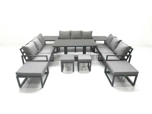 Fimous 13 Seater Garden Sofa Set Aluminium Furniture Rising Dining Tabe Set with 2 Side Tables 4 Footstools Dark Grey