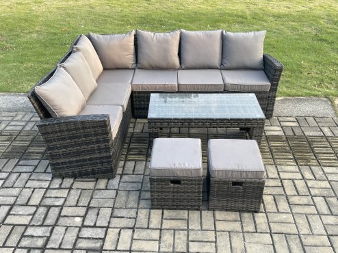 Fimous 8 Seat Rattan Garden Furniture Corner Sofa Set Outdoor Patio Sofa Table Set with 2 Small Footstools Dark Grey Mixed