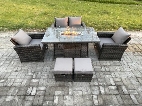 Fimous 6 Seater?Outdoor Rattan Sofa Set Garden Furniture Gas Firepit Dining Table Heater with 2 Small Footstools Dark Grey Mixed