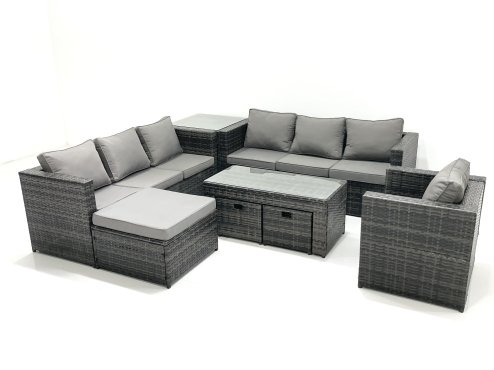 Fimous Outdoor Garden Furniture Set 10 Seater Rattan Sofa Set with Coffee Table 3 Footstools Armchair Side Table Dark Grey Mixed