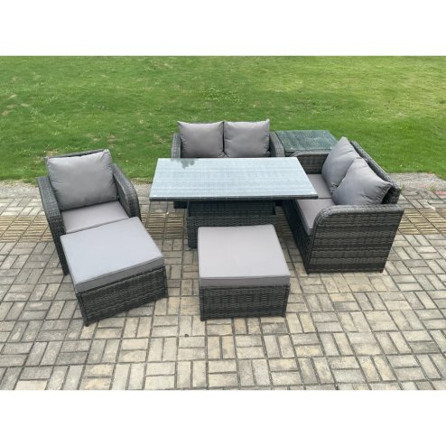 Fimous 7 Seater Rattan Furniture Garden Dining Set Outdoor Height Adjustable Rising lifting Table Love Sofa Chair With Side Table 2 Big Footstool
