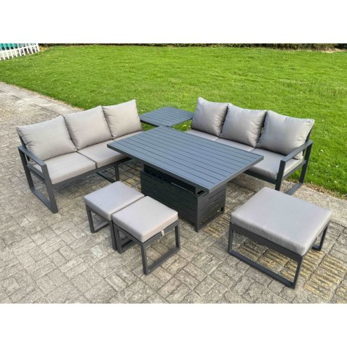 Fimous 6 Pieces Garden Furniture Set Aluminium Adjustable Rising Lifting Dining Table and Sofa Set with 3 Footstools Dark Grey