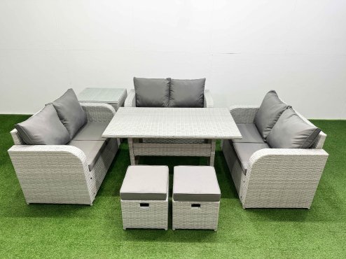 Fimous 8 Seater PE Wicker Rattan Furniture Sofa Sets with Rectangular Dining Table 2 Seater Love Sofa 2 Stool Side Table Light Grey