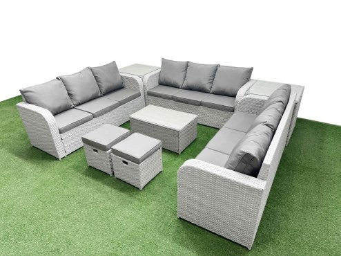 Fimous PE Rattan Lounge Sofa Set 11 Seater Outdoor Garden Furniture Set with Rectangular Coffee Table 3 Seater Sofa 2 Stools 2 Side Table Light Grey