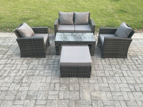 Fimous Outdoor Rattan Garden Furniture Set 5 Seater Patio Lounge Sofa Set with Coffee Table Big Footstool Dark Grey Mixed