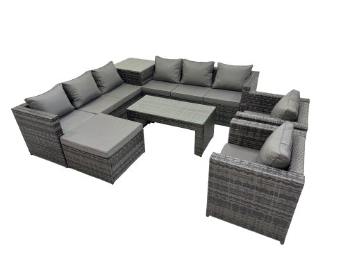 Fimous Garden Rattan Outdoor Furniture Set 9 Seater Patio Corner Sofa Oblong Coffee Table with Chair Big Stool Side Table Dark Grey