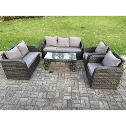 Fimous 7 Seater Dark Grey PE Wicker Rattan Garden Furniture Set Reclining Chair Love Seat 3 Seater Sofa Set Outdoor Rectangular Coffee Table