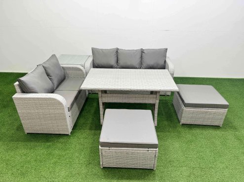 Fimous 7 Seater PE Rattan Wicker Garden Furniture Patio Conservatory Sofa Set with Rectangular Dining Table 3 Seater Sofa Love Sofa 2 Big Footstool Side Table