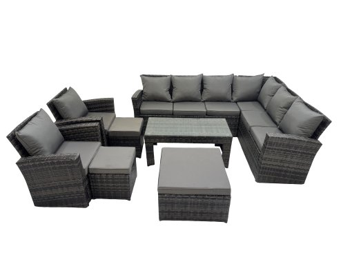 Fimous Rattan Garden Furniture Set 8 Pieces Outdoor Garden Sofa Oblong Coffee Table Set with Chair 3 Footstools Dark Grey Mixed
