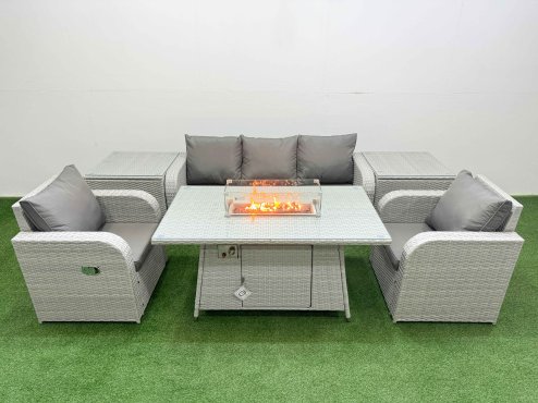 Fimous PE Rattan Garden Furniture Set Reclining Chair Sofa Lounge Sofa Set Firepit Dining Table 2 Side Table Light Grey
