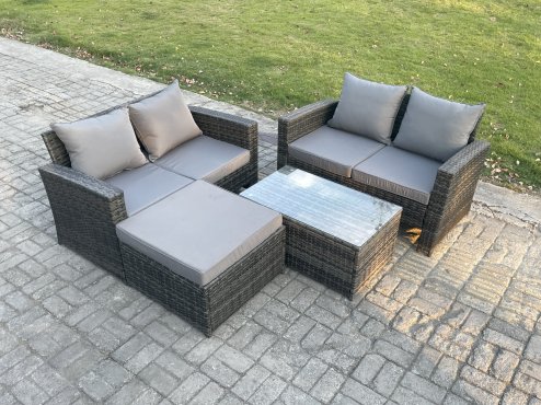 Fimous Wicker Rattan Garden Furniture Sofa Set with Rectangular Coffee Table Double Seat Sofa Big Footstool 5 Seater Outdoor Rattan Set Dark Grey Mixed