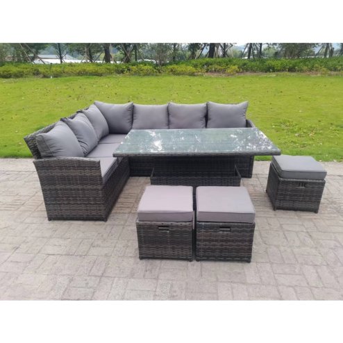 Fimous High Back Corner Rattan Garden Furniture Sofa Rising Dining Table Height Adjustable 9 Seater 3 Small Foot Stools