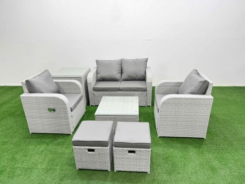 Fimous Light Grey PE Wicker Rattan Garden Furniture Set Sofa Set Reclining Adjustable Chair Square Coffee Table 6 Seater 2 Small Stools Side Table Image