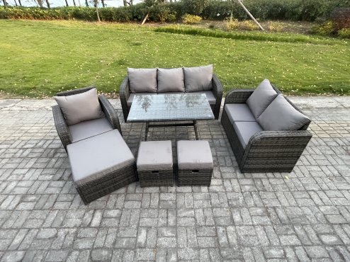 Fimous 9 Seater Outdoor Rattan Garden Furniture Set Patio Lounge Sofa Set with Dining Table 3 Footstools Dark Grey Mixed