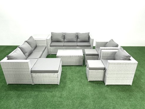 Fimous Outdoor Rattan Sofa Garden Furniture Set with 2 Armchairs Oblong Coffee Table 3 Footstools Side Table Light Grey Mixed