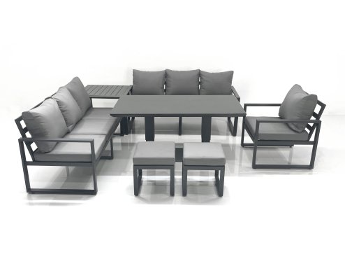 Fimous Outdoor Garden Furniture Set Aluminium Lounge Sofa Adjustable Rising Lifting Dining Table Sets with 2 Small Footstools Side Table Dark Grey