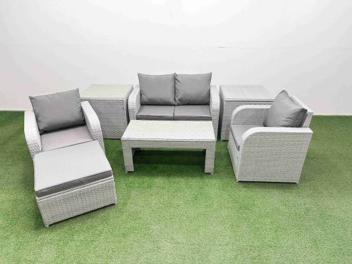 Fimous Light Grey PE Wicker Rattan Garden Furniture Set Sofa Set Reclining Adjustable Chair Oblong Coffee Table 5 Seater With Footstool 2 Side Table