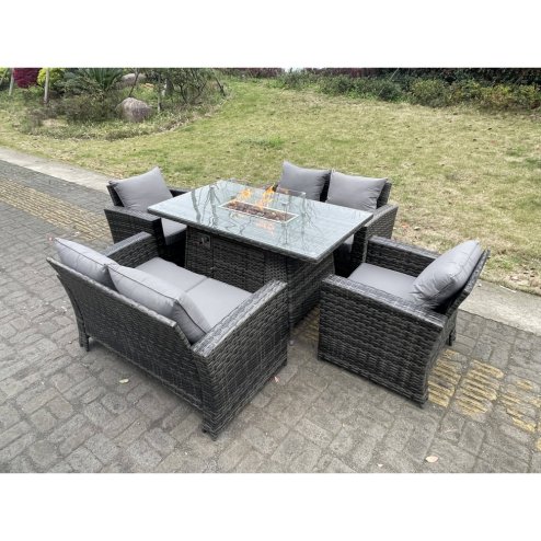 Fimous Rattan Outdoor Furniture Gas Fire Pit Rectangle Dining Table Gas Heater Chairs Two Seater Love Sofa Sets 6 Seater