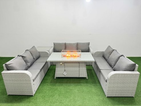 Fimous PE Rattan Lounge Sofa Set 9 Seater Outdoor Garden Furniture Set with Firepit Dining Table 3 Seater Sofa Side Table Light Grey