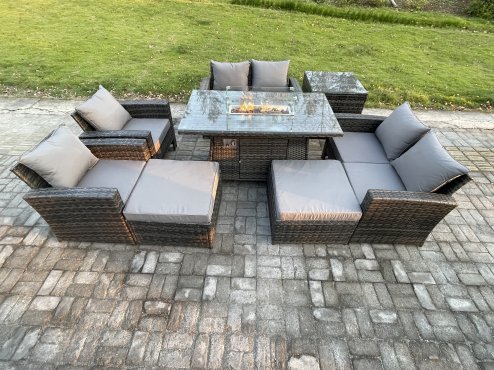 Fimous Outdoor Garden Furniture Sets 8 Pieces Wicker Rattan Furniture Gas Firepit Dining Table Sofa Set with 2 Big Footstool Side Table Dark Grey Mixed