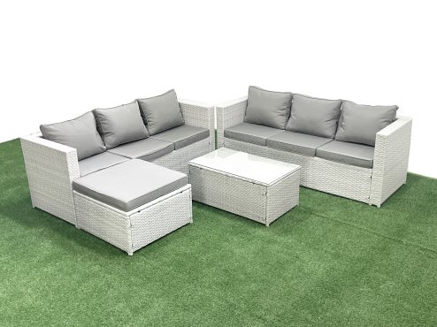 Fimous Garden Outdoor PE Rattan Furniture Set 7 Seater Rattan Garden Sofa Set with Big Footstool Light Grey Mixed