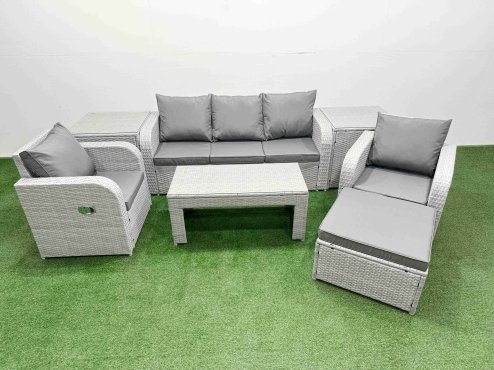 Fimous PE Rattan Garden Furniture Set Reclining Chair Sofa Lounge Sofa Set Rectangular Coffee Table 2 Side Table Big Footstool Light Grey