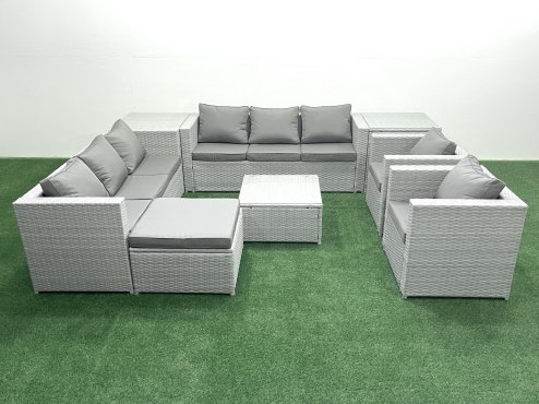 Fimous Outdoor Rattan Sofa Garden Furniture Set with 2 Armchairs Square Coffee Table Big Footstool 2 Side Tables Light Grey Mixed