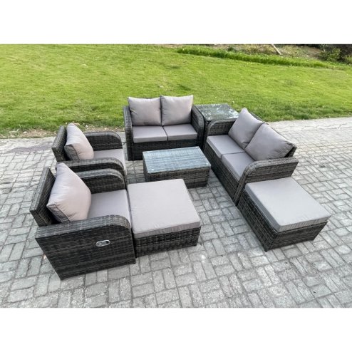 Fimous 8 Seater Rattan Garden Furniture Set Patio Outdoor Lounge Sofa Set with Rectangular Coffee Table 2 Big Footstool Love Sofa Side Table Dark Grey Mixed
