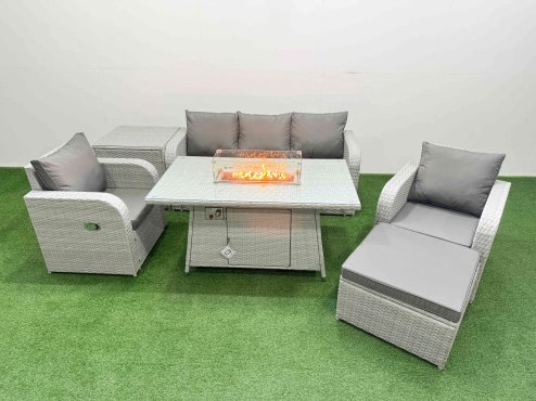 Fimous PE Rattan Garden Furniture Set Reclining Chair Sofa Lounge Sofa Set Firepit Dining Table Side Table Big Footstool Light Grey Image