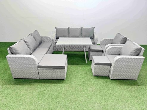 Fimous Rattan High Back Lounge Sofa Set Patio Dining Table & Chairs Set with 3 Seater Sofa 2 Reclining Chairs 3 Stool Light Grey