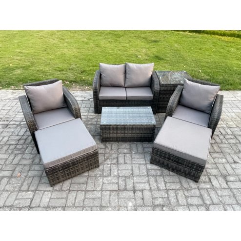 Fimous Outdoor Lounge Sofa Set Rattan Garden Furniture Set with Rectangular Coffee Table 2 Big Footstool Side Table Dark Grey Mixed